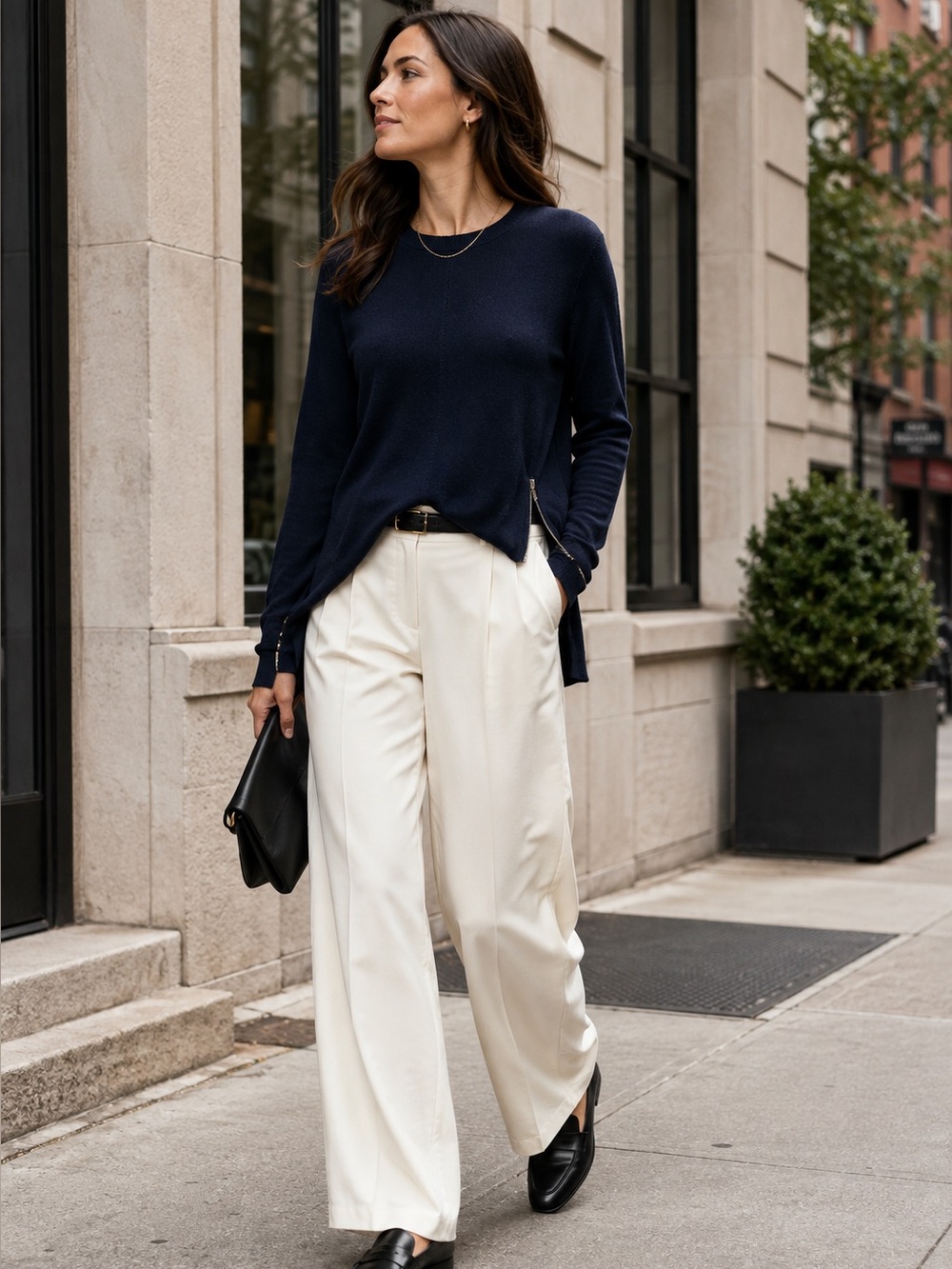 VINCE. Side Zip Navy Crewneck Minimalist Rib Knit Pointelle Sweater, XS